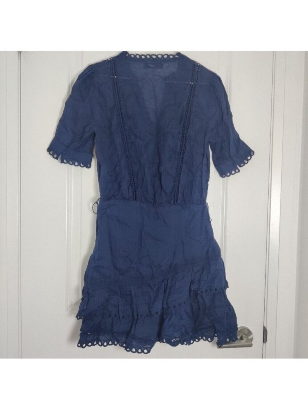 REISS Paulina Navy Embroidered Ruffle Mini Dress Puff Sleeve 4 0328 - Picture 4 of 9